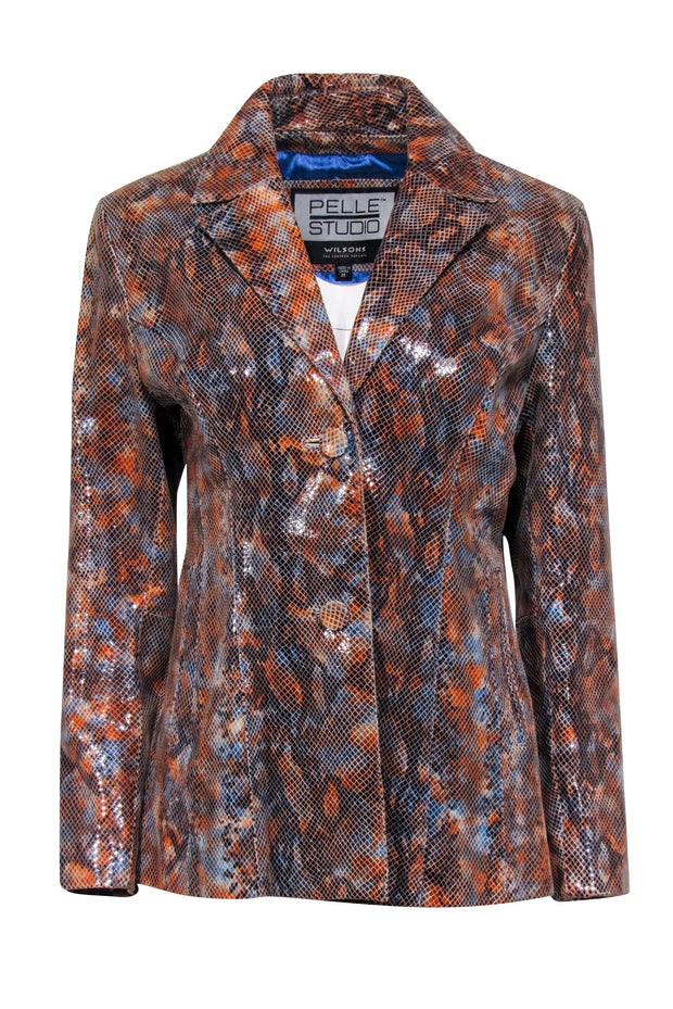 Current Boutique-Pelle Studio - Orange, Blue, & Black Snakeskin Embossed Leather Jacket Sz M