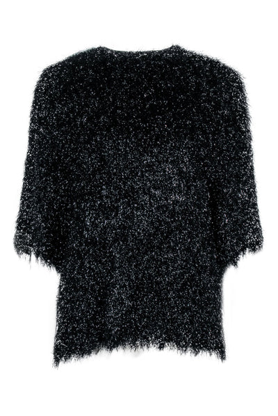 Current Boutique-Petar Petrov - Black Metallic Fuzzy Knit Crop Sleeve Shirt Sz 4