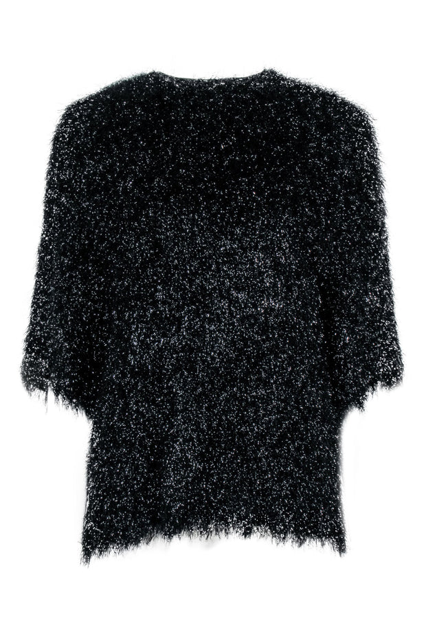 Current Boutique-Petar Petrov - Black Metallic Fuzzy Knit Crop Sleeve Shirt Sz 4