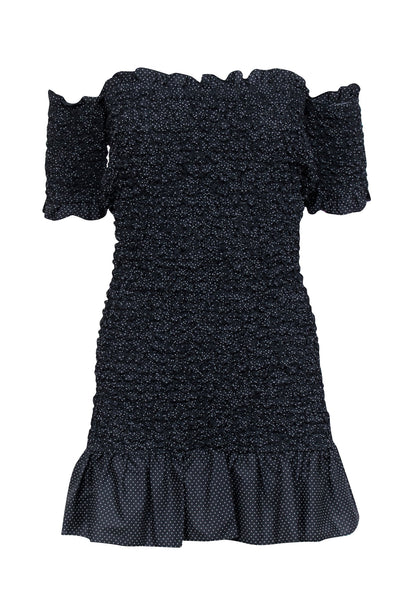 Current Boutique-Petersyn - Black Polka Dot Smocked Off The Shoulder Mini Dress Sz M