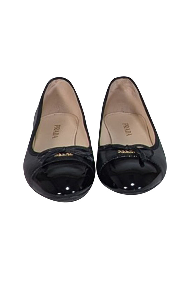 Current Boutique-Prada - Black Leather Leather Bow Toe Ballet Flats Sz 9.5