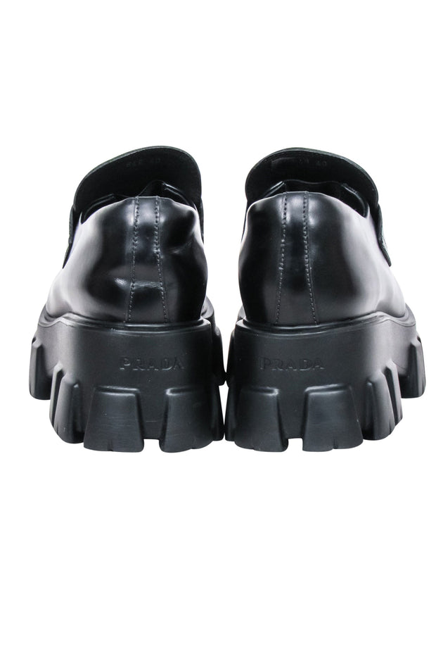 Current Boutique-Prada - Black Brushed Leather Monolith Loafers Sz 10