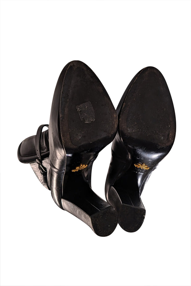 Prada - Black Leather Buckle Ankle Detail Short Boots Sz 9.5 - Current Boutique