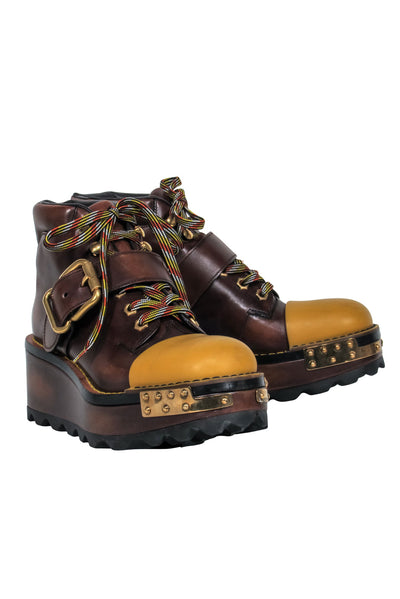 Current Boutique-Prada - Brown Leather w/ Mustard Toe Cap Platform Boots Sz 9