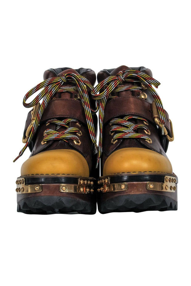 Current Boutique-Prada - Brown Leather w/ Mustard Toe Cap Platform Boots Sz 9