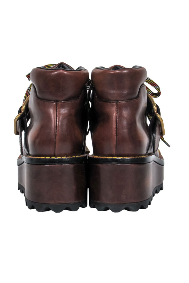 Current Boutique-Prada - Brown Leather w/ Mustard Toe Cap Platform Boots Sz 9