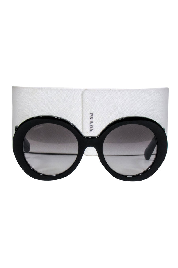 Current Boutique-Prada - Black Large Round Sunglasses w/ Side Swirl