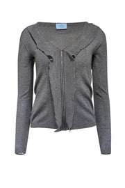 Current Boutique-Prada - Grey Silk Cashmere Blend Zipper Front Sweater Sz 2