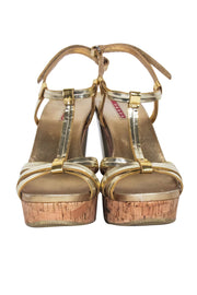 Current Boutique-Prada - Gold Strappy Cork Wedges Sz 11