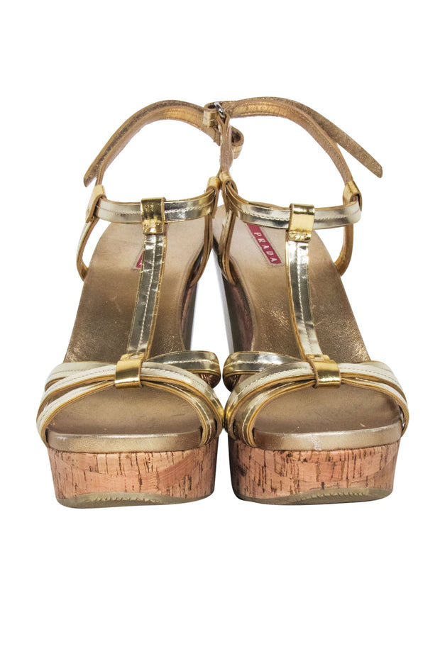 Current Boutique-Prada - Gold Strappy Cork Wedges Sz 11