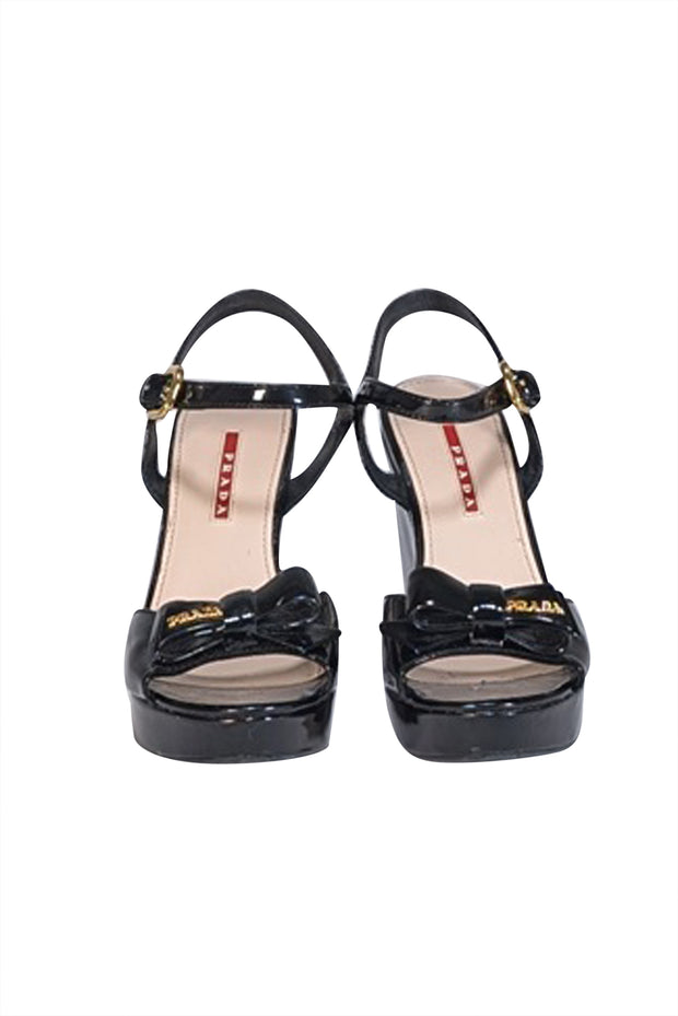 Current Boutique-Prada - Black Patent Leather Wedge Sandals Sz 6.5