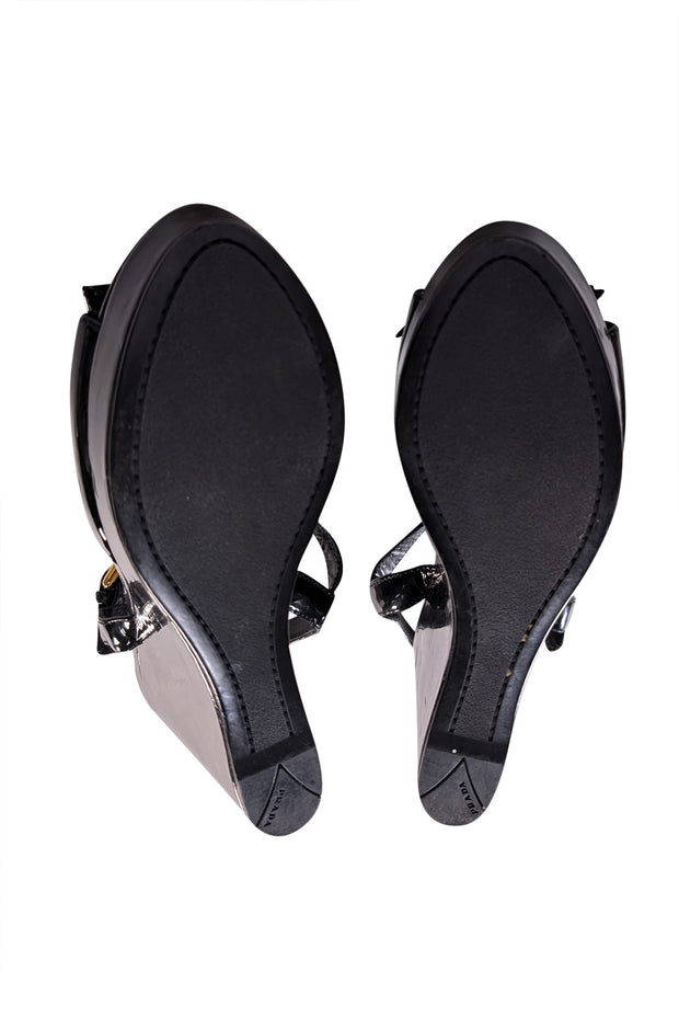 Current Boutique-Prada - Black Patent Leather Wedge Sandals Sz 6.5