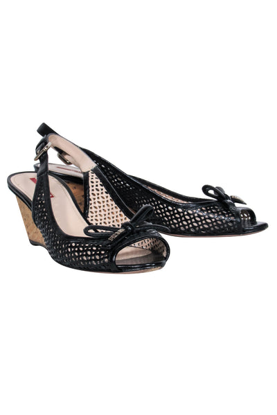Current Boutique-Prada - Black Cork Wedge w/ Bow Accent Sz 9.5