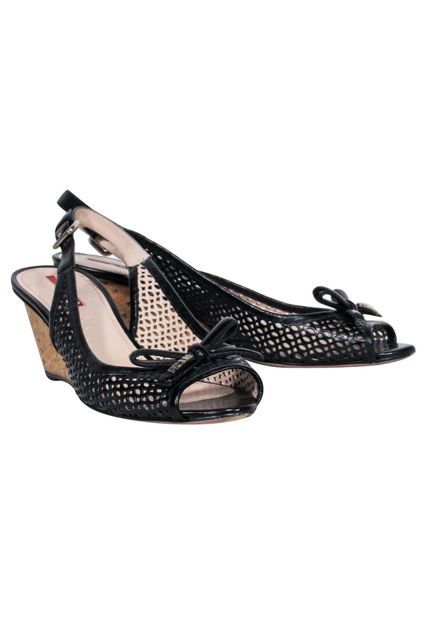 Current Boutique-Prada - Black Cork Wedge w/ Bow Accent Sz 9.5