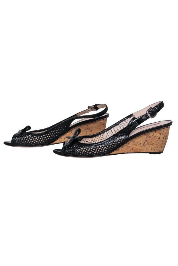 Current Boutique-Prada - Black Cork Wedge w/ Bow Accent Sz 9.5