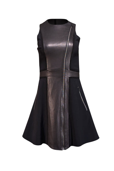Current Boutique-Rag & Bone - Black Leather & Suede Paneled Fit & Flare Mini Dress Sz 0