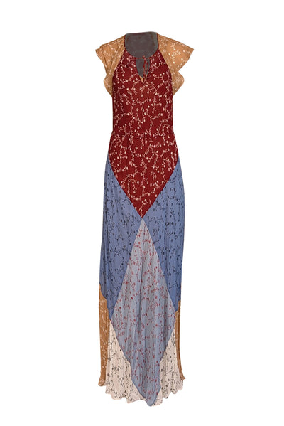 Current Boutique-Rag & Bone - Maroon, Blue, &amp; Tan Floral Patchwork Maxi Dress S