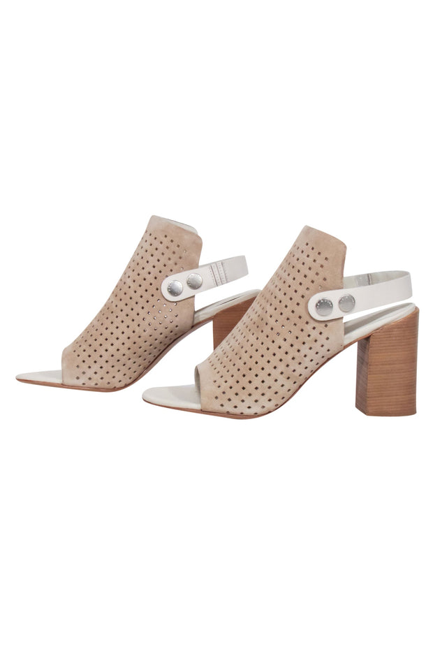 Current Boutique-Rag & Bone - Beige Laser Cut Print Suede Open Toe Block Heels Sz 10