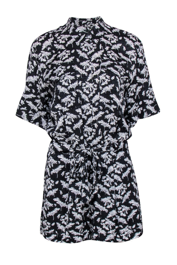 Current Boutique-Rag & Bone - Black Floral Short Sleeve Tie Waist Romper Sz 6
