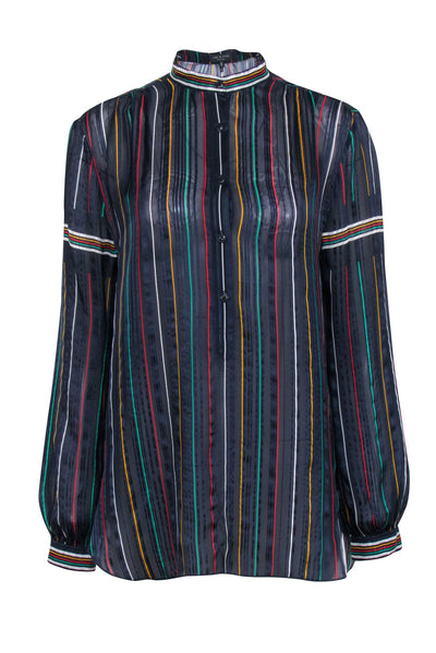 Current Boutique-Rag & Bone - Navy Semi-Sheer Silk Blouse w/ Multicolor Stripes Sz M