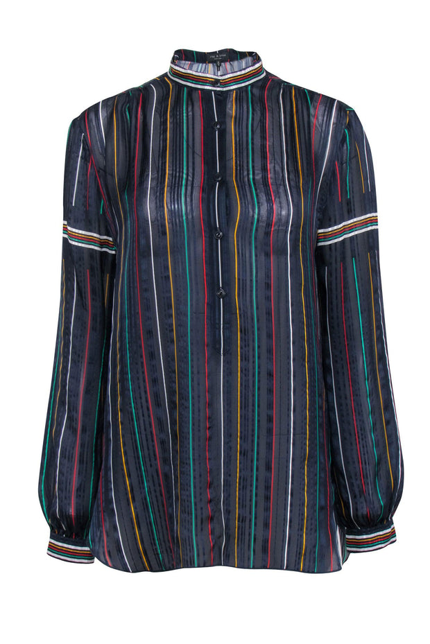 Current Boutique-Rag & Bone - Navy Semi-Sheer Silk Blouse w/ Multicolor Stripes Sz M