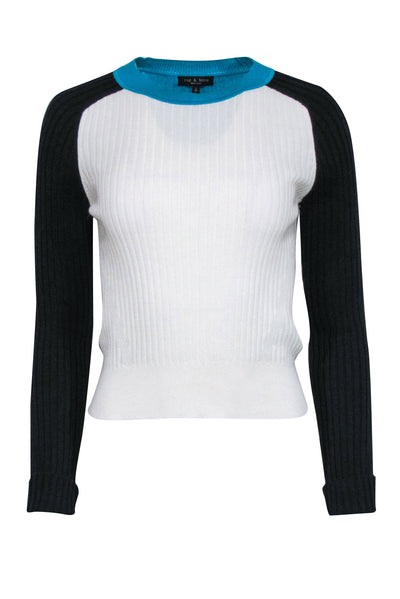 Current Boutique-Rag & Bone - Ivory, Teal, & Black Colorblock "Navaya" Crewneck Sweater Sz S