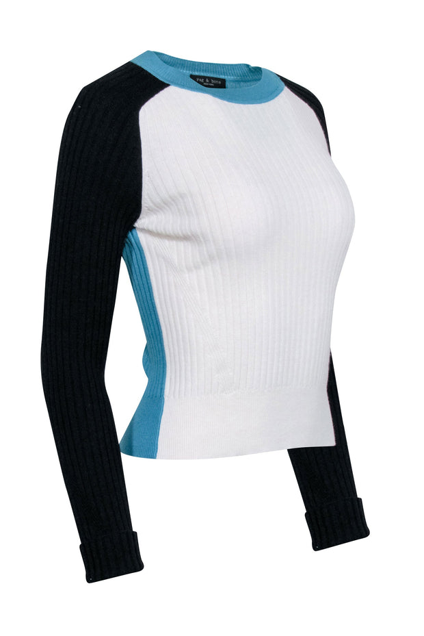 Current Boutique-Rag & Bone - Ivory, Teal, & Black Colorblock "Navaya" Crewneck Sweater Sz S