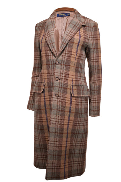 Current Boutique-Polo Ralph Lauren - Beige, Blue & Brown Plaid Wool Blend Trench Coat Sz 2