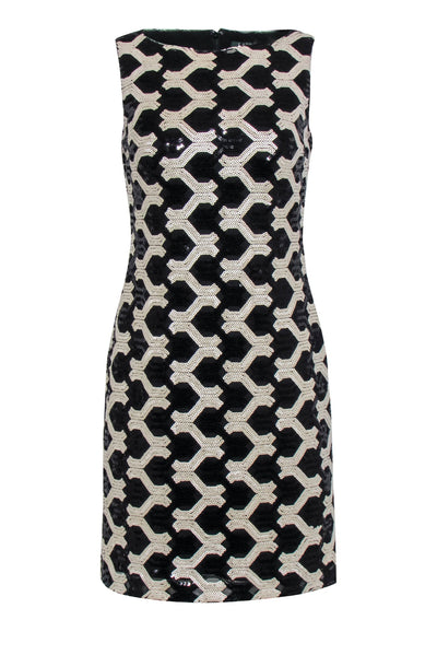 Current Boutique-Lauren Ralph Lauren - Black & Beige Interlocking Sequin Pattern Sheath Dress Sz 2