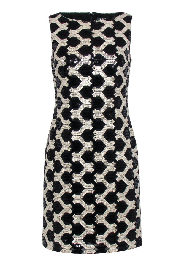 Current Boutique-Lauren Ralph Lauren - Black & Beige Interlocking Sequin Pattern Sheath Dress Sz 2