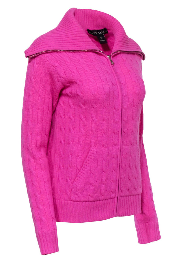 Current Boutique-Ralph Lauren - Pink Cable Knit Zipper Front Cashmere Sweater Sz M