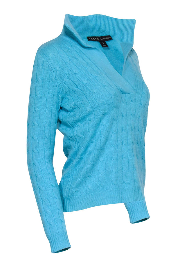 Current Boutique-Ralph Lauren - Aqua Blue V-Neck Cable Knit Sz S