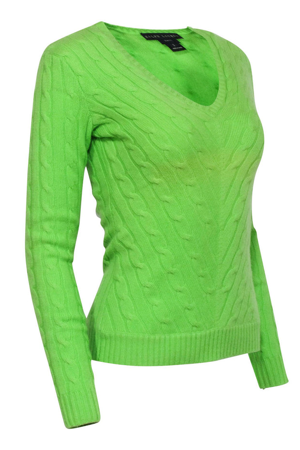 Current Boutique-Ralph Lauren - Lime Green Cashmere Cable Knit Sweater Sz S