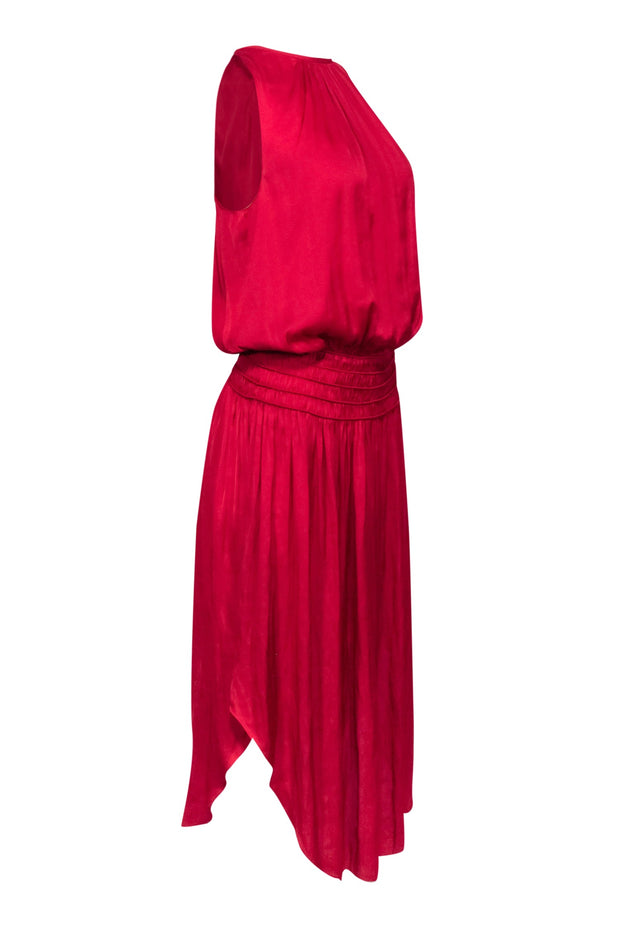 Current Boutique-Ramy Brook - Red Satin Smocked Waist Midi Dress Sz M