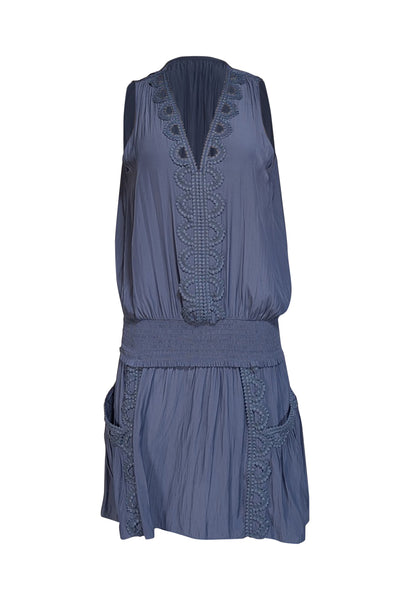 Current Boutique-Ramy Brook - Steel Blue Satin Sleeveless Dress w/ Embroidered Trim Sz M