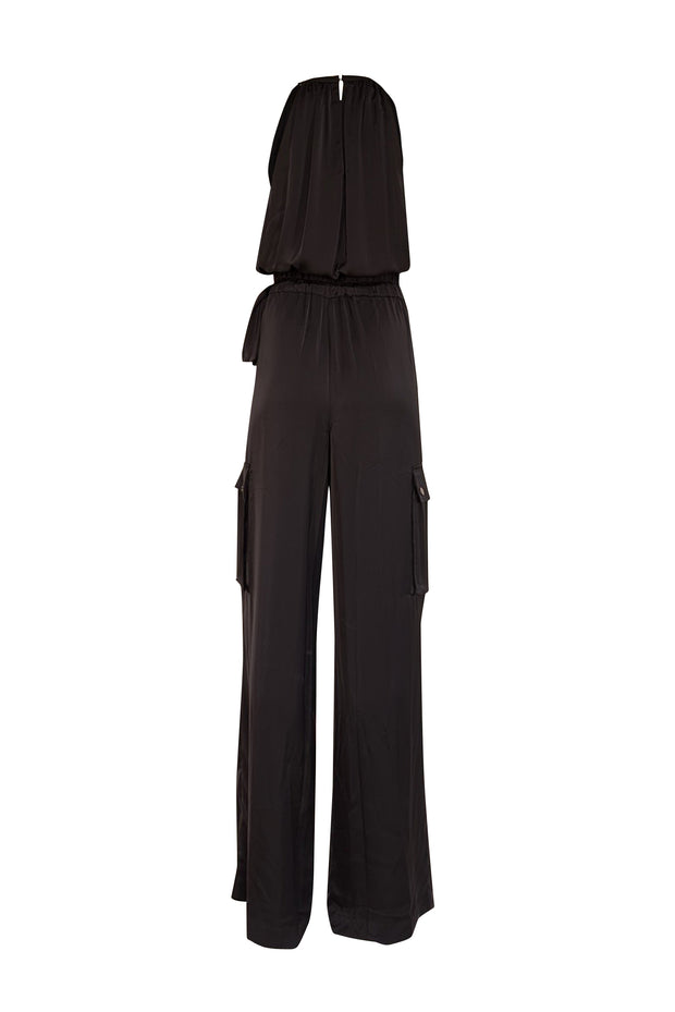 Current Boutique-Ramy Brook - Black Satin Sleeveless Cargo Jumpsuit Sz L