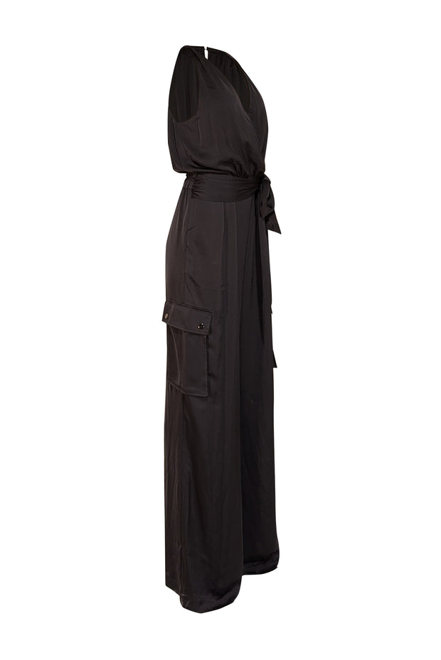 Current Boutique-Ramy Brook - Black Satin Sleeveless Cargo Jumpsuit Sz L