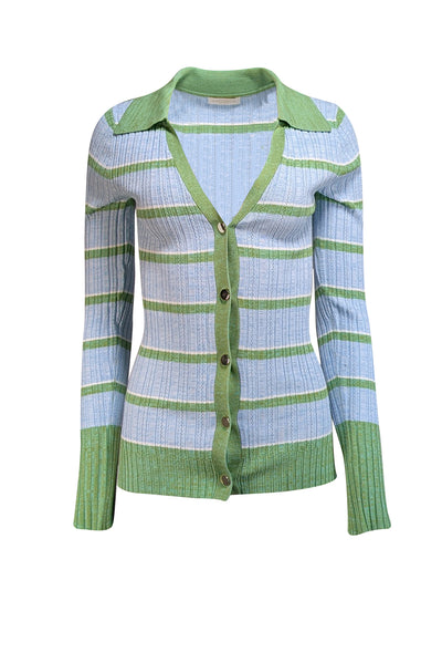 Ramy Brook - Light Blue & Green Stripe Ribbed Knit Button Front Shirt Sz S - Current Boutique