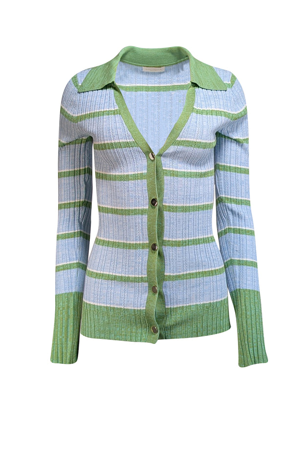 Ramy Brook - Light Blue & Green Stripe Ribbed Knit Button Front Shirt Sz S - Current Boutique