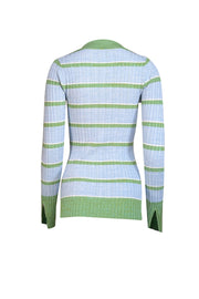 Ramy Brook - Light Blue & Green Stripe Ribbed Knit Button Front Shirt Sz S - Current Boutique