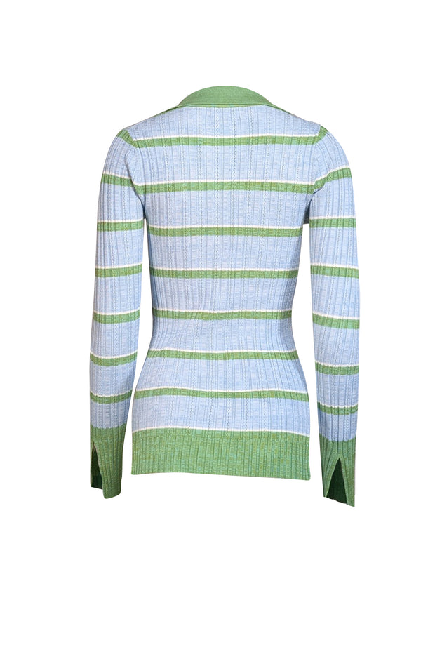 Ramy Brook - Light Blue & Green Stripe Ribbed Knit Button Front Shirt Sz S - Current Boutique
