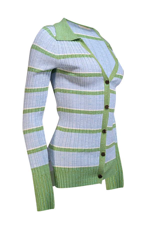 Ramy Brook - Light Blue & Green Stripe Ribbed Knit Button Front Shirt Sz S - Current Boutique