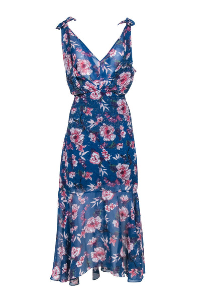 Current Boutique-Rana Gill - Blue Floral Print Beaded Sleeveless Formal Dress Sz 10