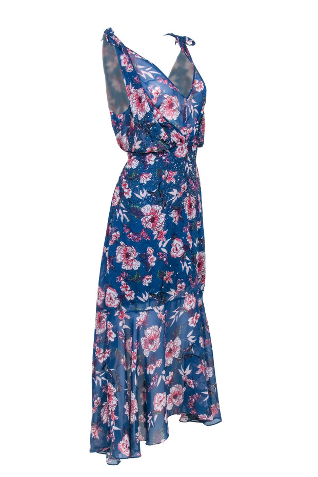 Current Boutique-Rana Gill - Blue Floral Print Beaded Sleeveless Formal Dress Sz 10