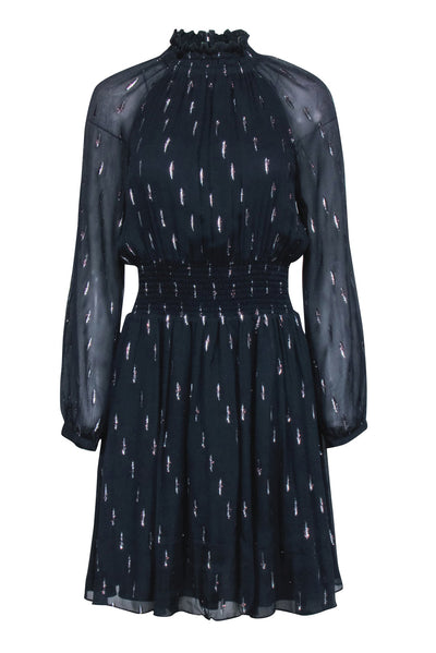 Current Boutique-Rebecca Taylor - Navy & Silver Print Long Sleeve Dress w/ Smocked Neck and Waist Sz 8