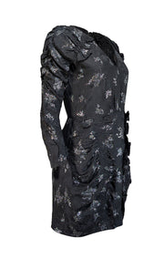 Rebecca Taylor - Black w/ Silver Floral Glitter Print Silk Jacquard Dress Sz 8 - Current Boutique
