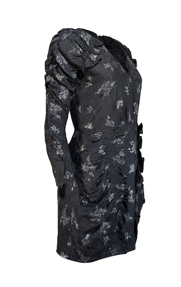 Rebecca Taylor - Black w/ Silver Floral Glitter Print Silk Jacquard Dress Sz 8 - Current Boutique