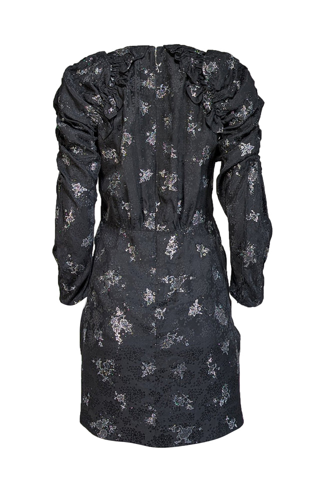 Rebecca Taylor - Black w/ Silver Floral Glitter Print Silk Jacquard Dress Sz 8 - Current Boutique