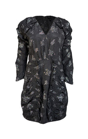 Rebecca Taylor - Black w/ Silver Floral Glitter Print Silk Jacquard Dress Sz 8 - Current Boutique