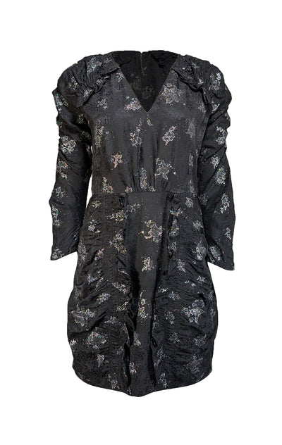 Rebecca Taylor - Black w/ Silver Floral Glitter Print Silk Jacquard Dress Sz 8 - Current Boutique